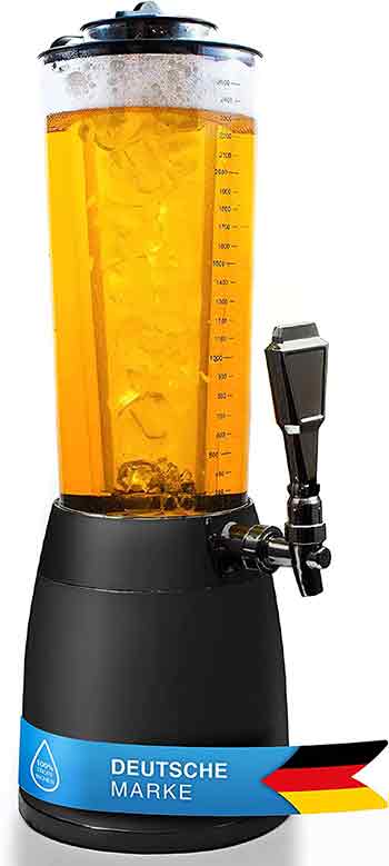 A beer tower, filled with ice in the center and tap for pouring.