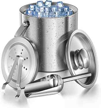 An ice bucket with scoop and lid made from stainless steel
