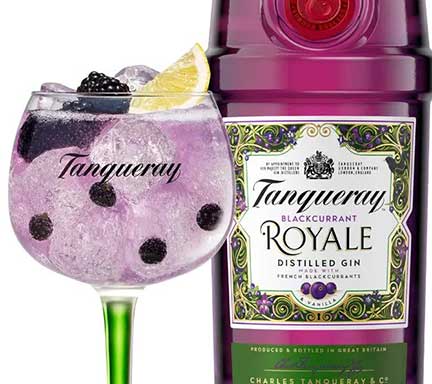 Tanqueray Blackcurrent Royale gin with a tanqueray glass filled with ice and blackcurrants