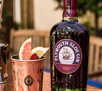Plymouth Sloe Gin with a brass cup and spoon