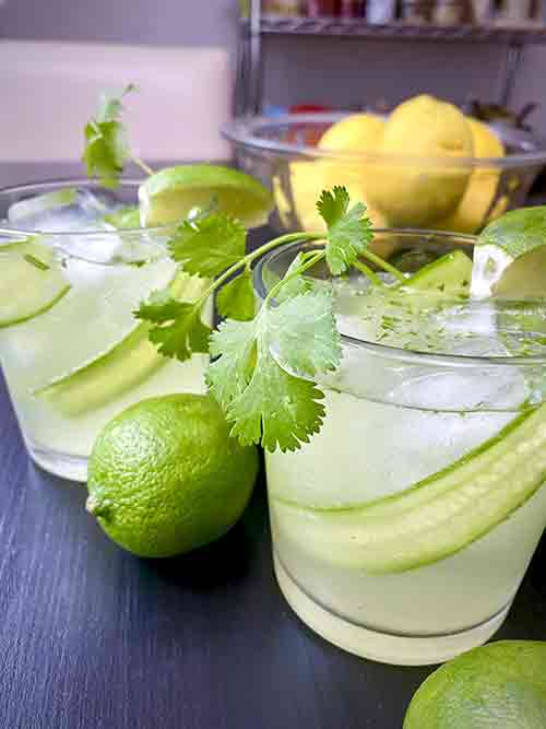 A Gin and Tonic infused with cucumber and coriander in a glass served over ice